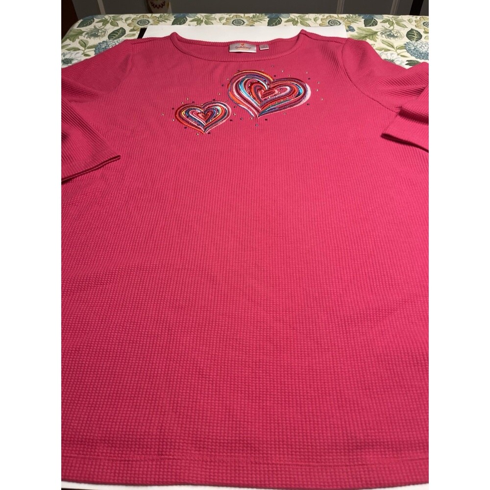 Quacker Factory Pink Embroidered Hearts 3/4 Sleeve Waffle Knit Top Sz 1X